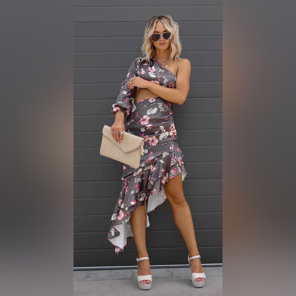 SATIN FLORAL CUTOUT RUFFLE MIDI DRESS